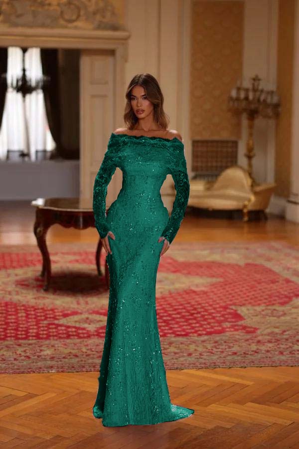 Chic Pink Lace Bateau Neck Long Sleeves Sequins Mermaid Prom Dress