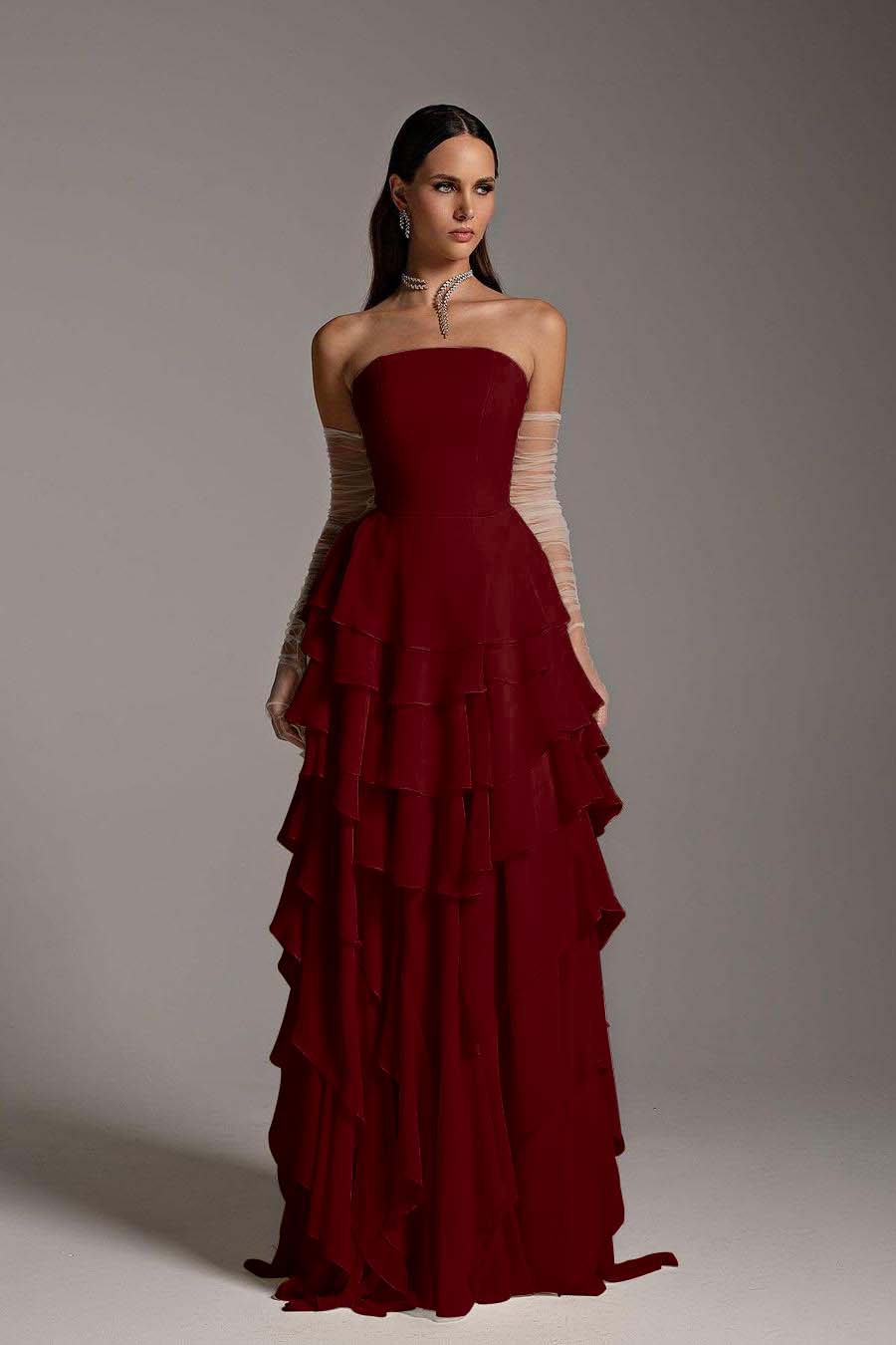 Charming Daffodil Chiffon Sleeveless Strapless Long Cake Prom Dress with Gloves