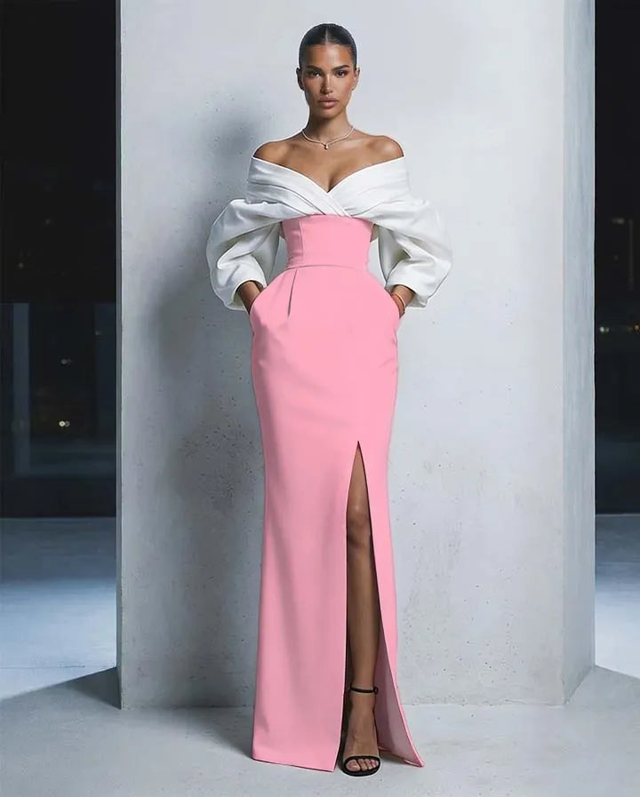 Charming  Long Sleeves Black And White Off-The-Shoulder Split Long Prom Dress