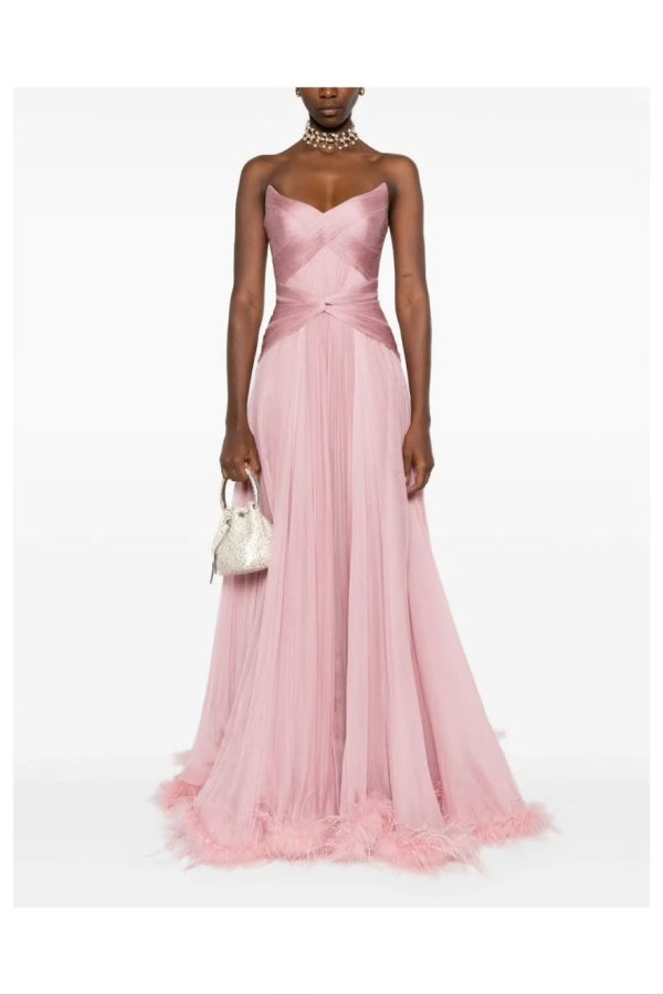 Chic Pink Sweetheart Sleeveless Pleated Prom Dress with Feather
