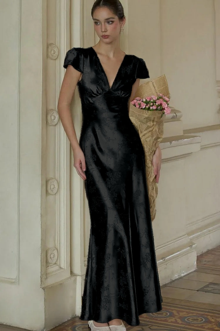 Stunning Silver Satin Sleeveless V Neck Long Prom Dress with Print