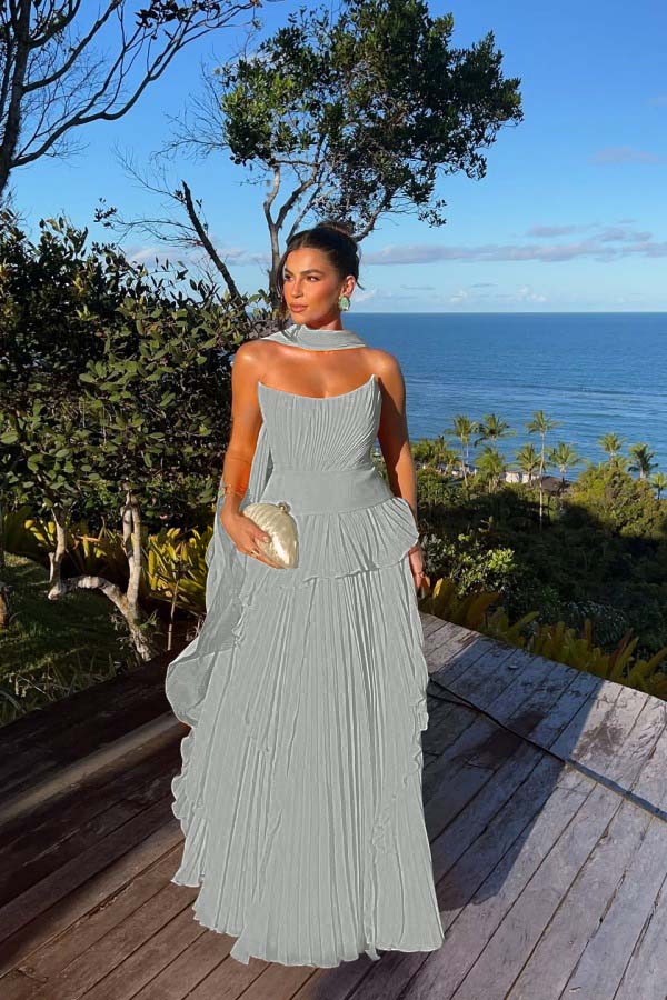 Chic Chiffon Strapless Sleeveless Pleated Prom Dress with Scarf