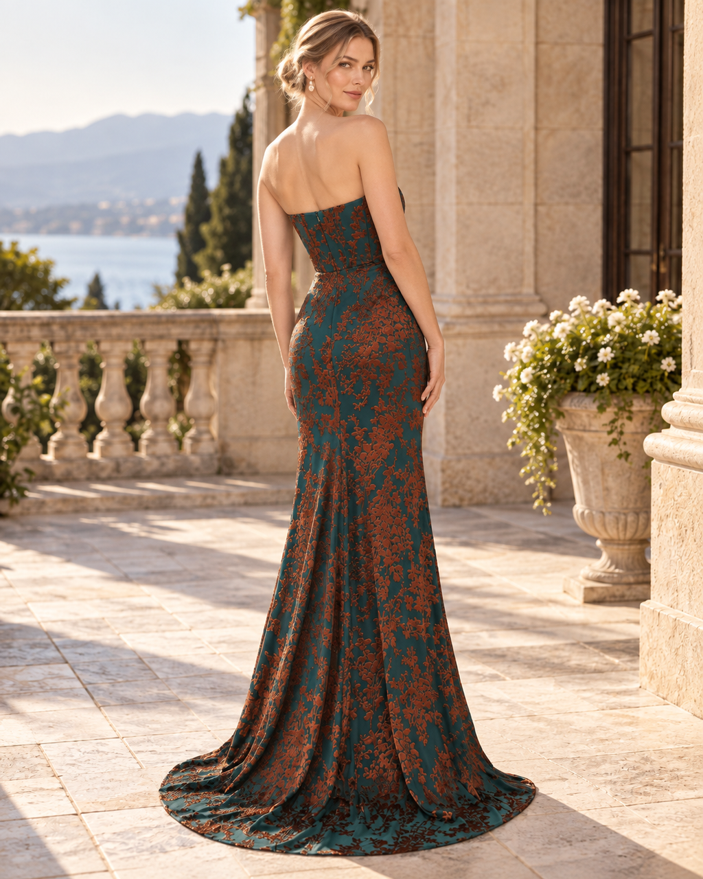 Peacock Green Velvet Mermaid Corset Long Wedding Guest Dress with Slit