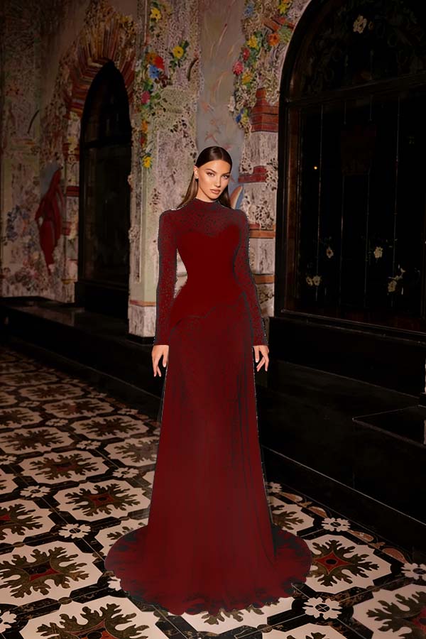 Stunning Ink Blue High Neck Long Sleeves Rhinestone Sweep Prom Dress