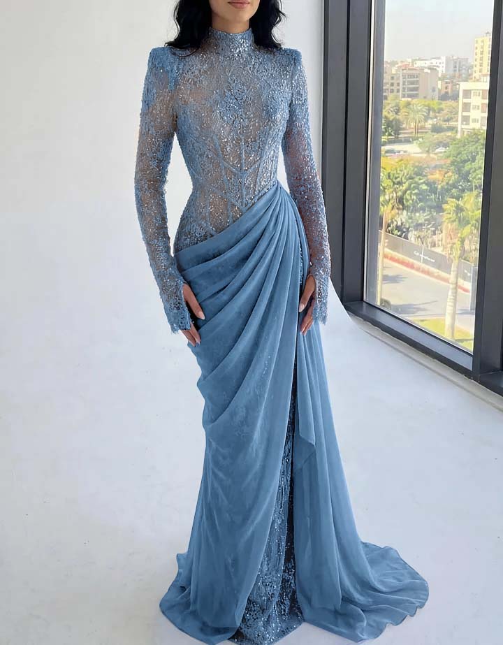 Chic High Neck Long Sleeves Beaded Applique Pleated Prom Dress with Train