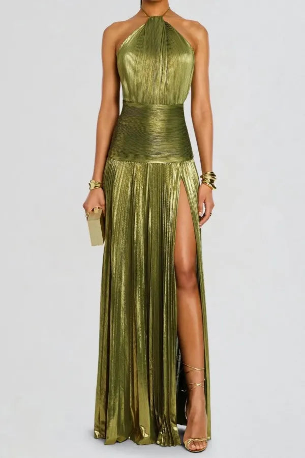 Charming Green Halter Sleeveless Backless Split Prom Dress with Pleated