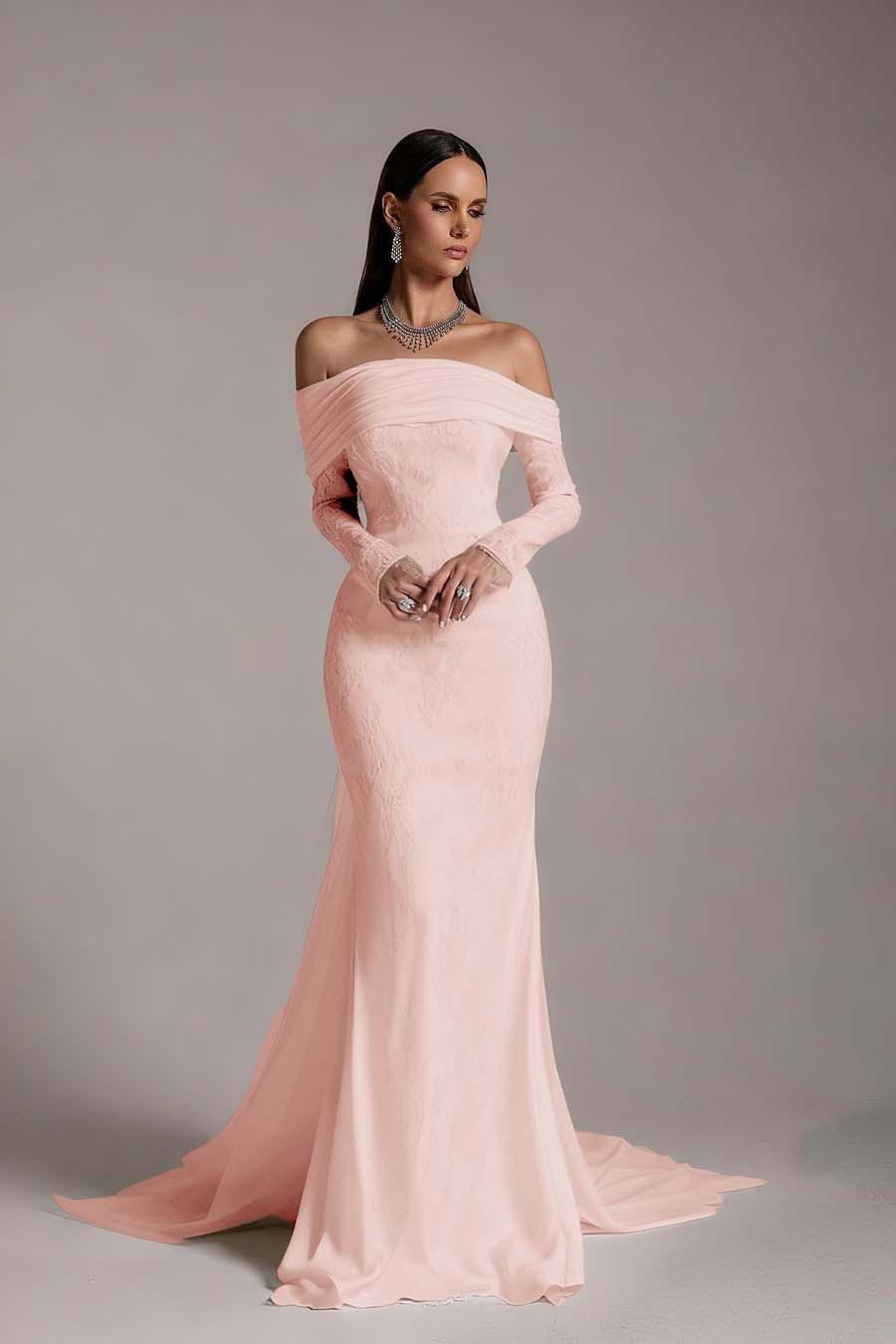 Stunning Prints Off the Shoulder Long Sleeves Mermaid Prom Dress with Pleated