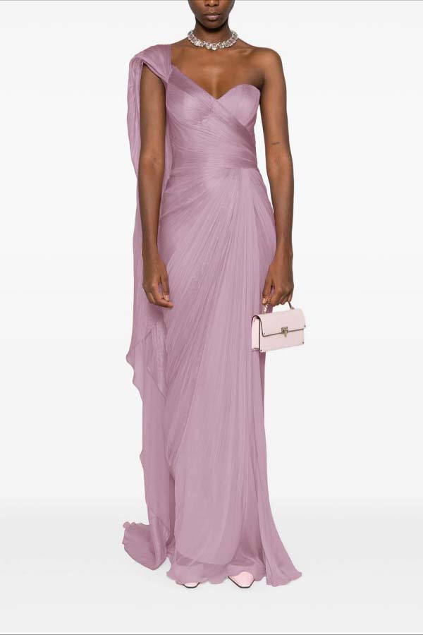 Charming Pink One Shoulder Sleeveless Pleated Prom Dress with Train