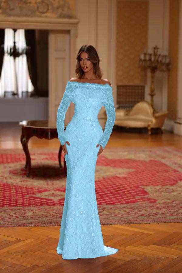 Chic Pink Lace Bateau Neck Long Sleeves Sequins Mermaid Prom Dress