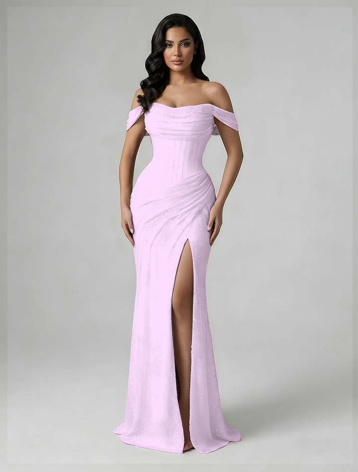 Charming Burgundy Off-The-Shoulder Pleated Prom Dress With Split