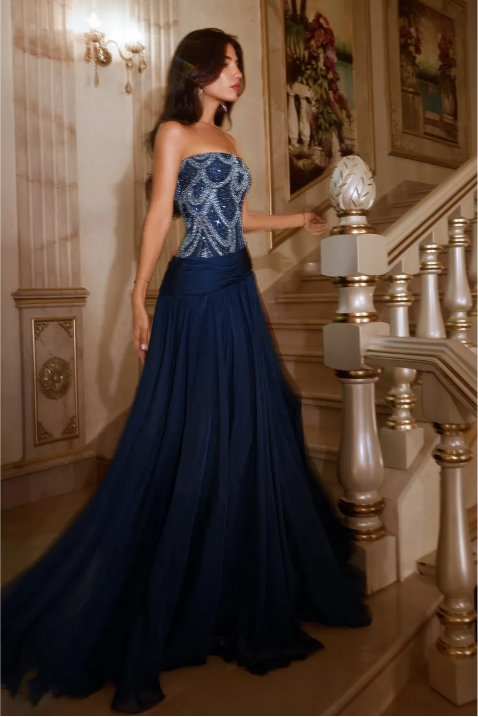 Exquisite DarkNavy Chiffon Sleeveless Strapless Prom Dress with Sequins