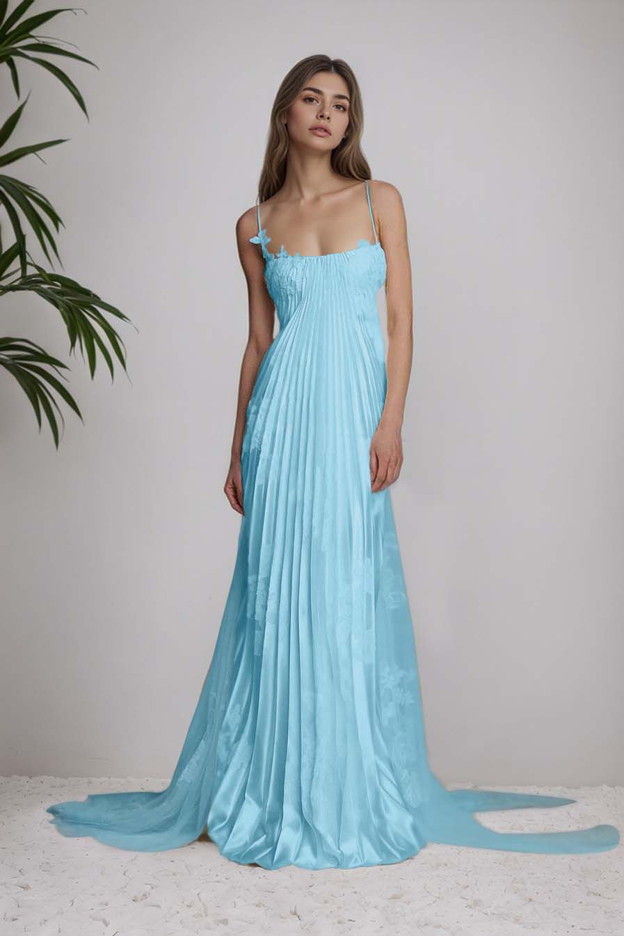 Beautiful Satin Sleeveless Spaghetti Strap Long Prom Dress With Appliques