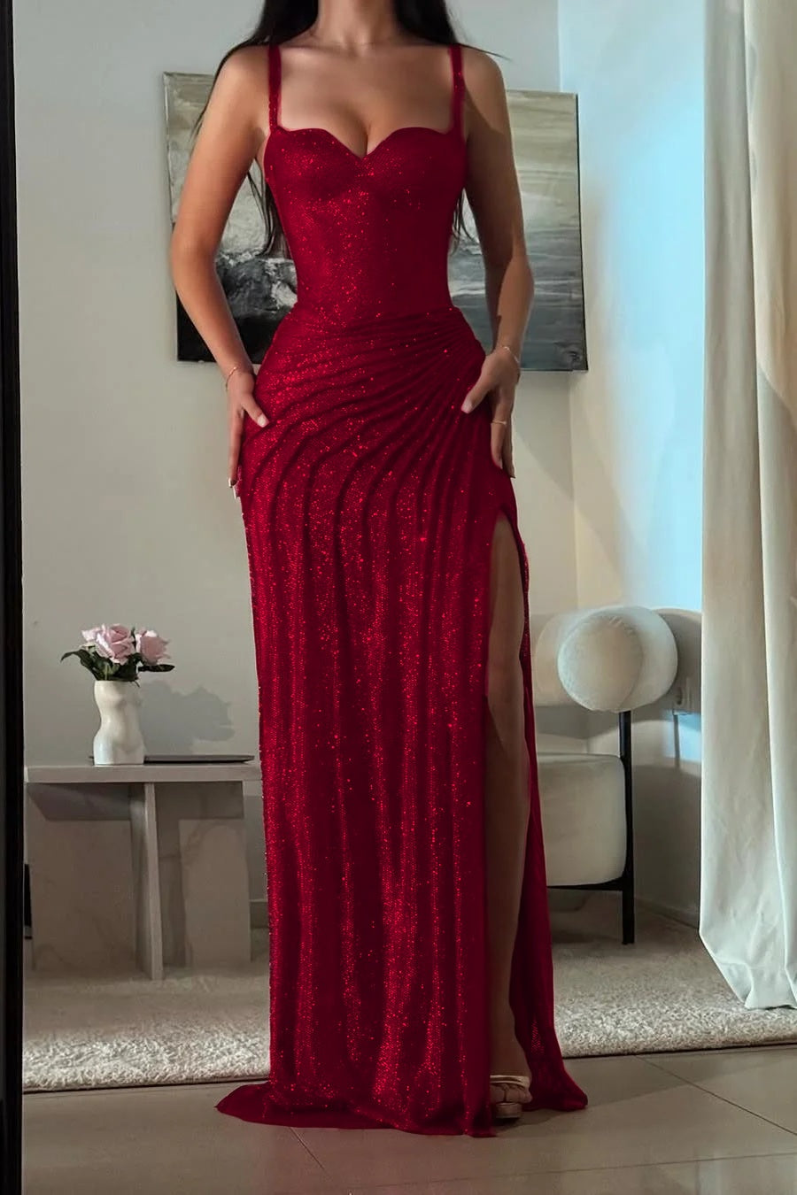 Amazing Fuchsia Sequins Spaghetti Strap Sweetheart Sleeveless Pleated Prom Dress with Split