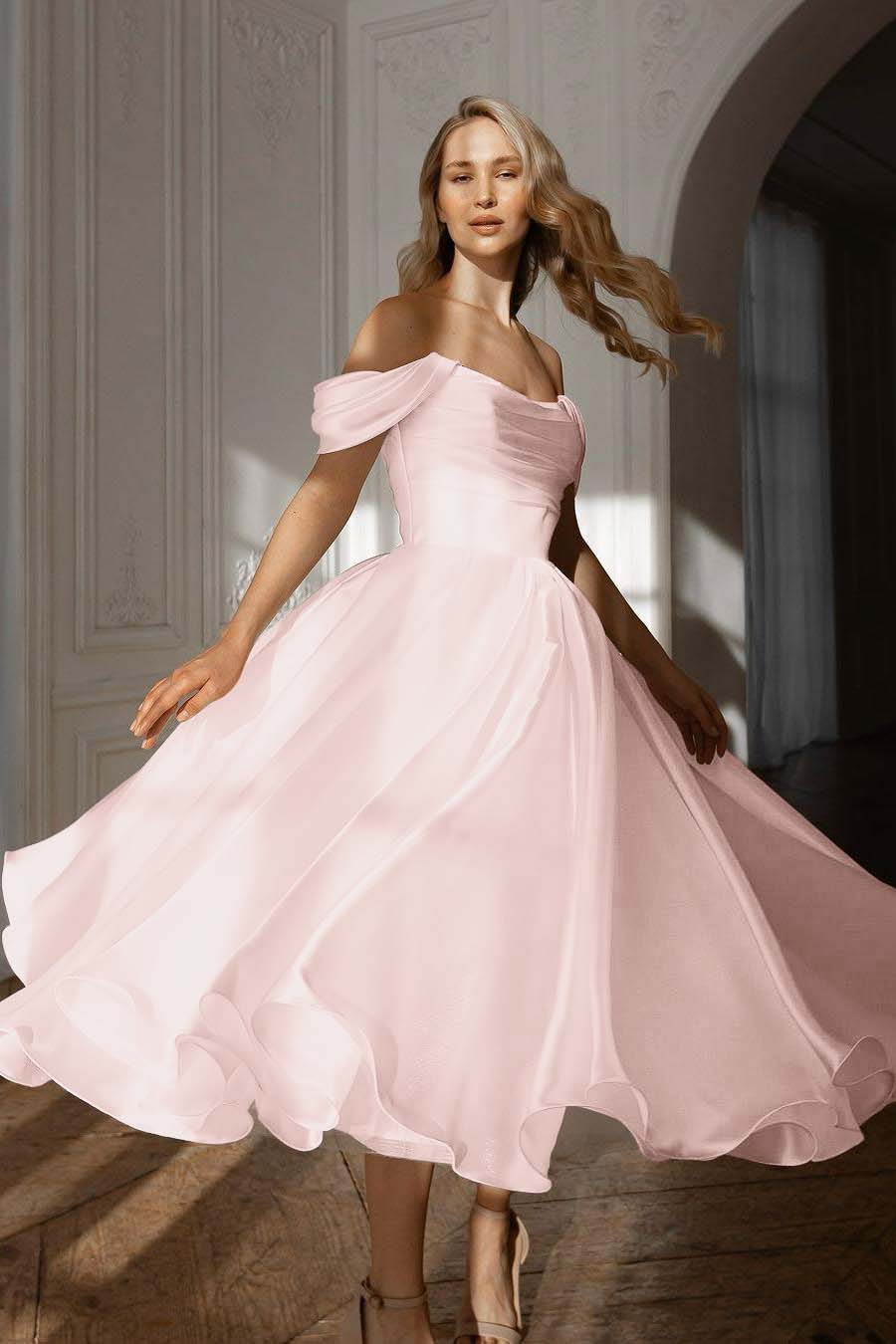 Exquisite White Satin Strapless Off the Shoulder A Line Prom Dress with Ruffles