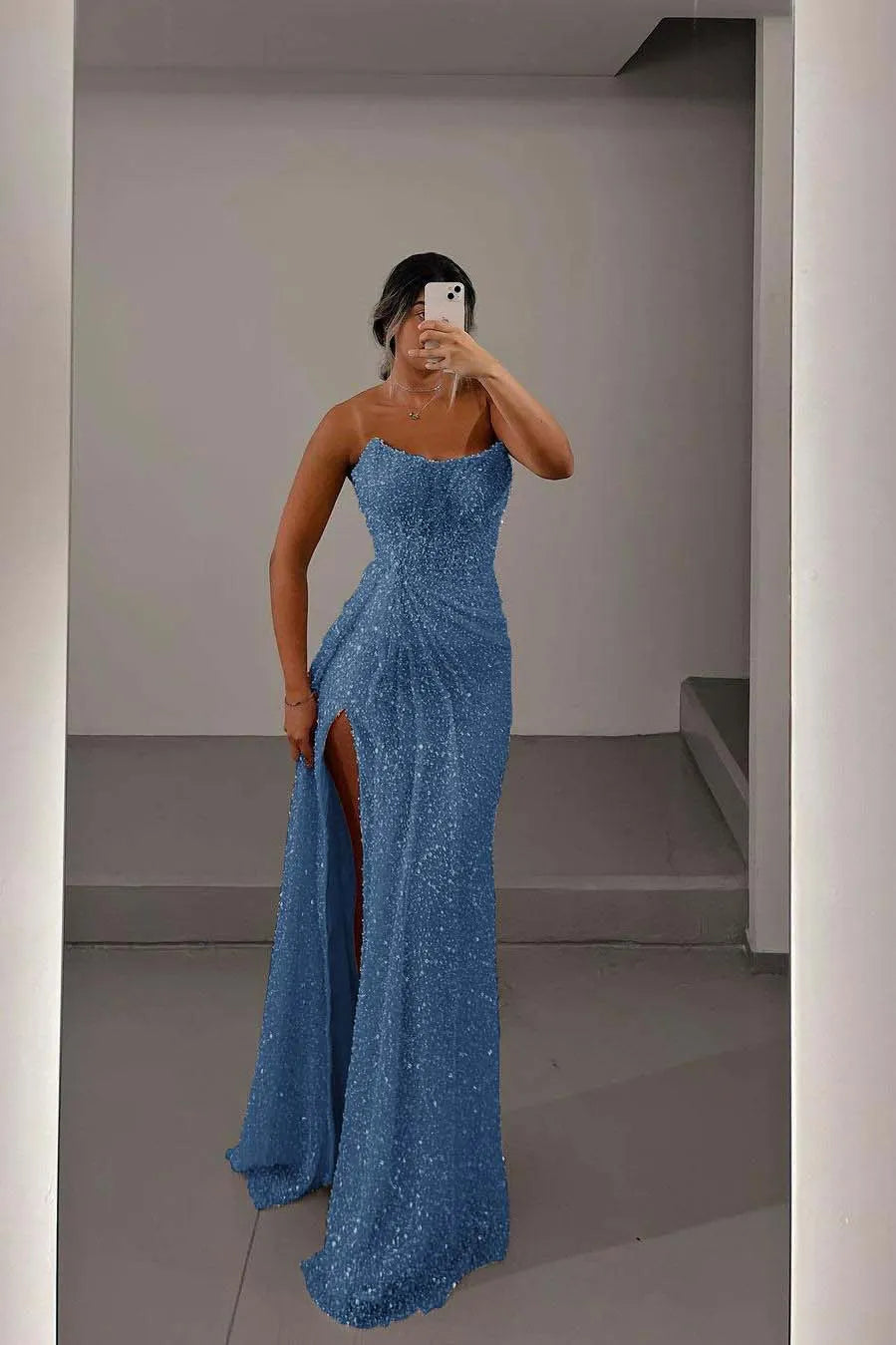 Glamorous Light Pink Sequins Strapless Sleeveless Long Prom Dress with Split