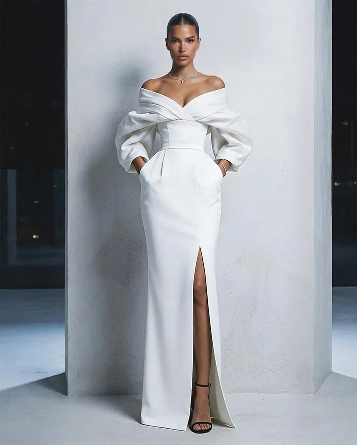 Charming  Long Sleeves Black And White Off-The-Shoulder Split Long Prom Dress