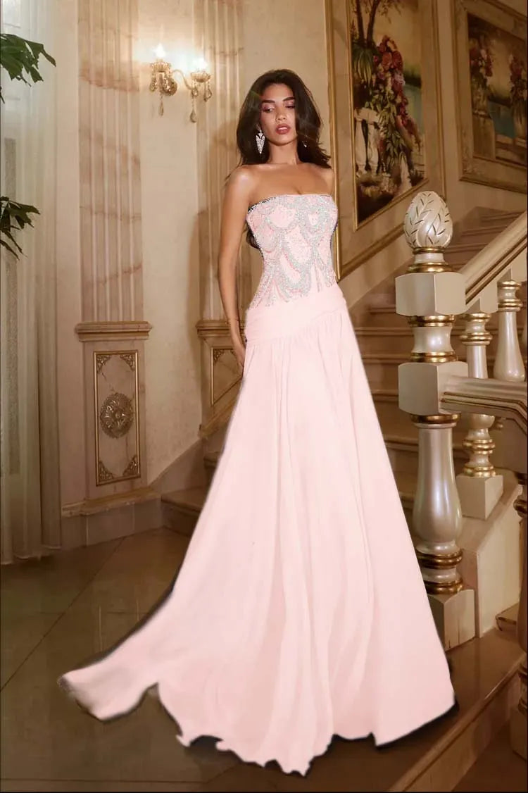 Exquisite DarkNavy Chiffon Sleeveless Strapless Prom Dress with Sequins