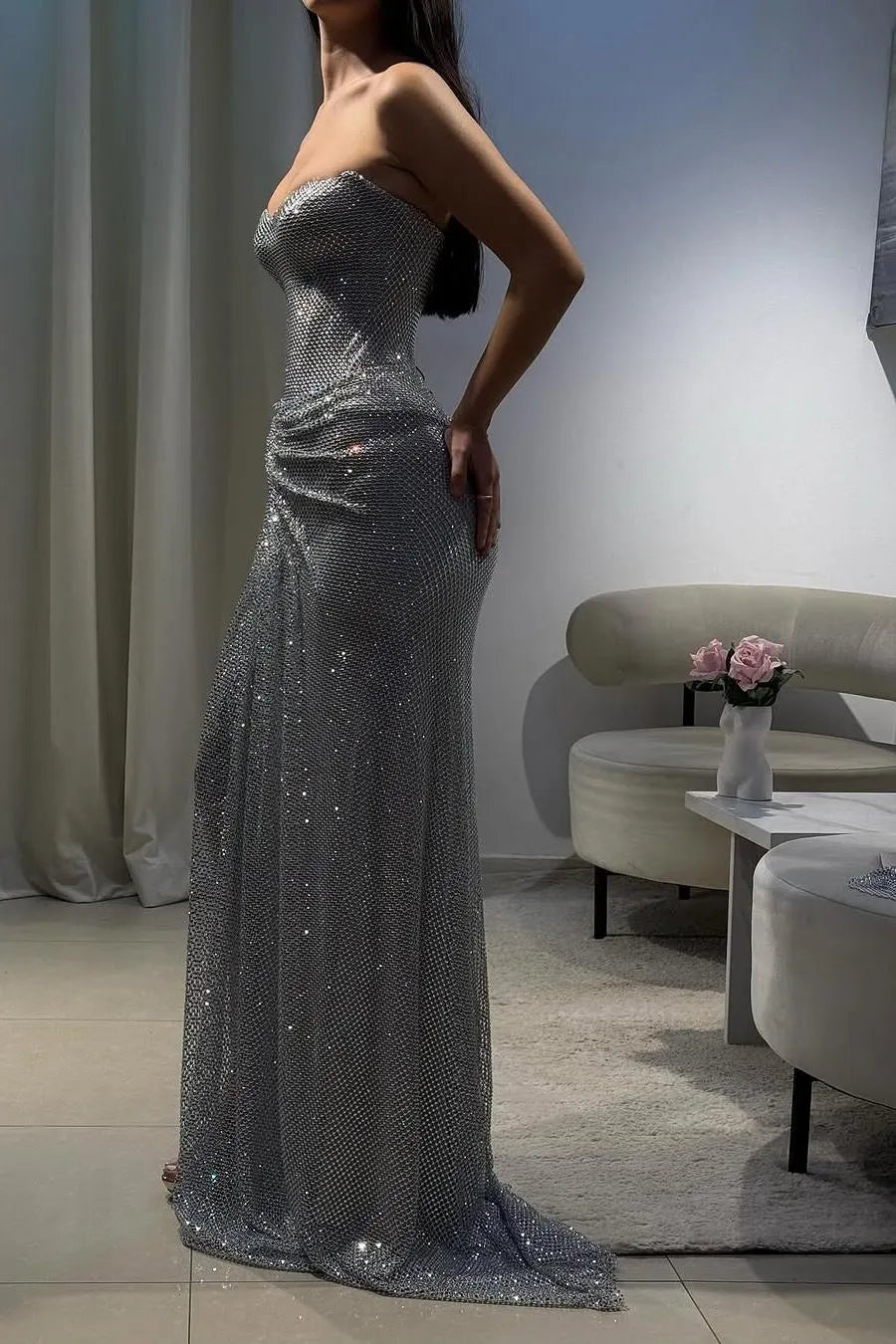Shinning Silver Sweetheart Sleeveless Long Pleated Prom Dress with Split