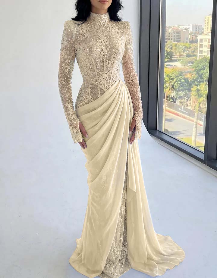 Chic High Neck Long Sleeves Beaded Applique Pleated Prom Dress with Train