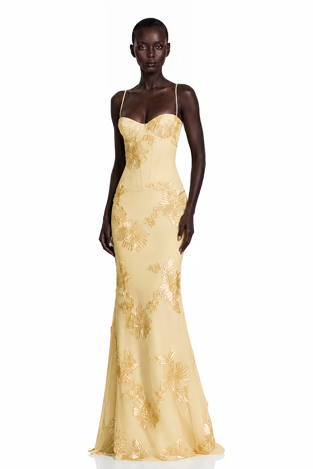 Théoline Yellow Floral Appliqué Corset Maxi Dress