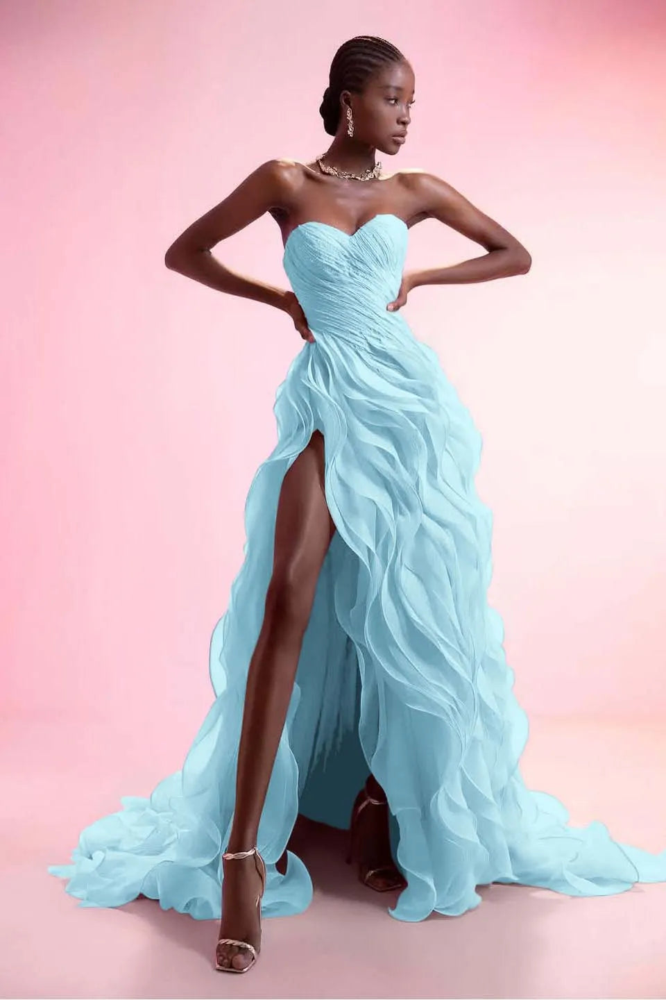 Stunning Pink Strapless Sleeveless Ruffles Pleated Split Prom Dress