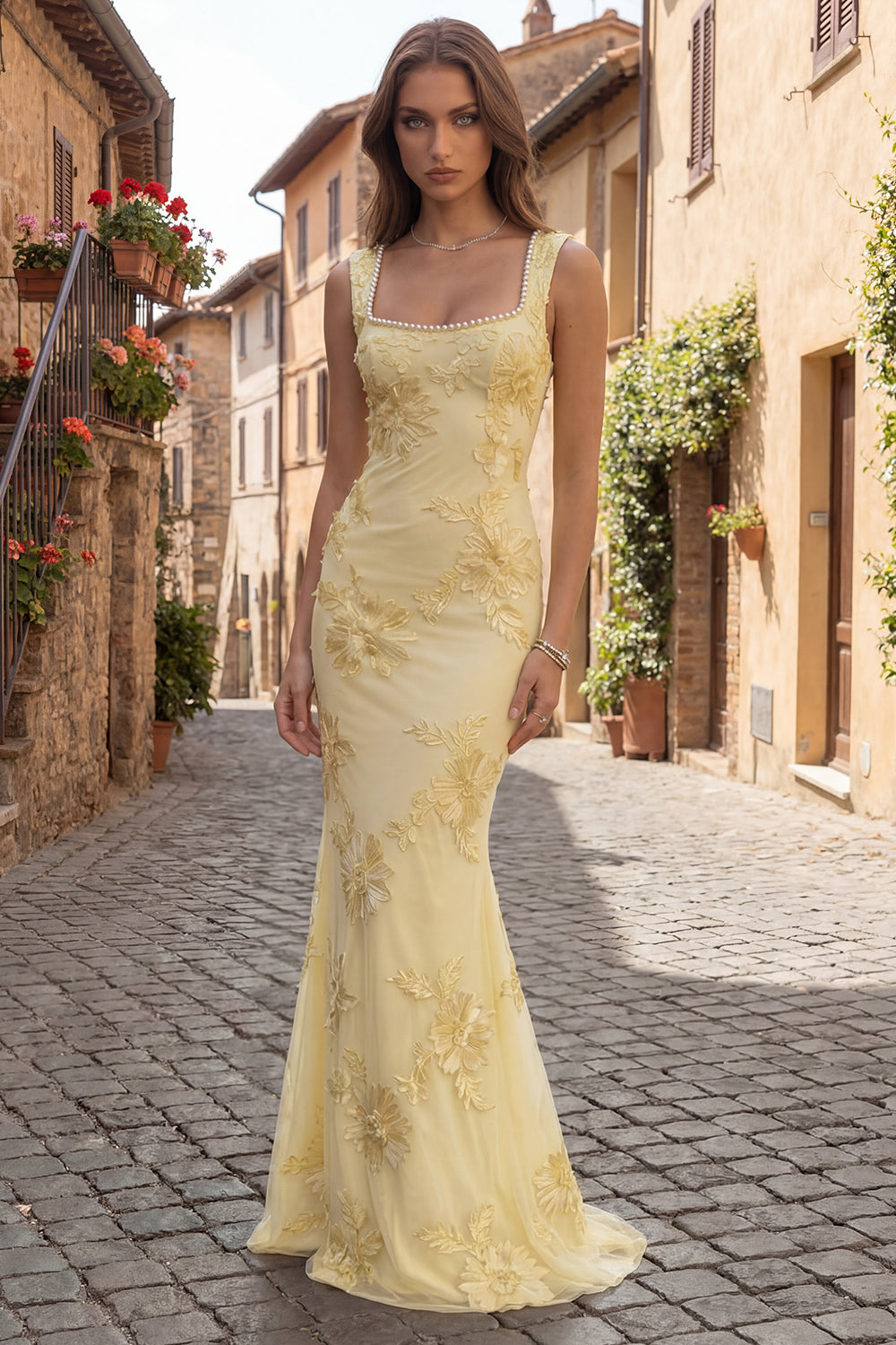 Floral Yellow Mermaid Square Neck Long Prom Dress with Pearls