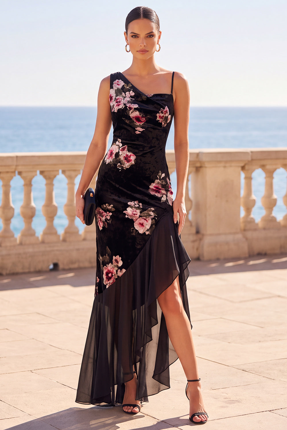 Black Mermaid Floral Long Ruched Velvet Holiday Dress with Slit