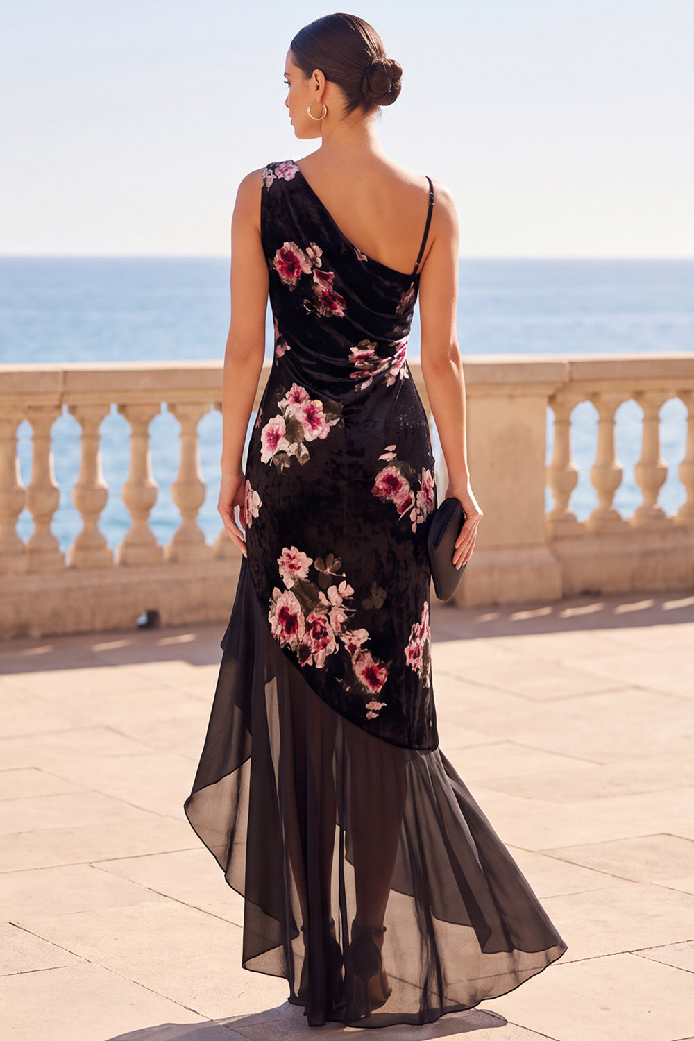 Black Mermaid Floral Long Ruched Velvet Holiday Dress with Slit