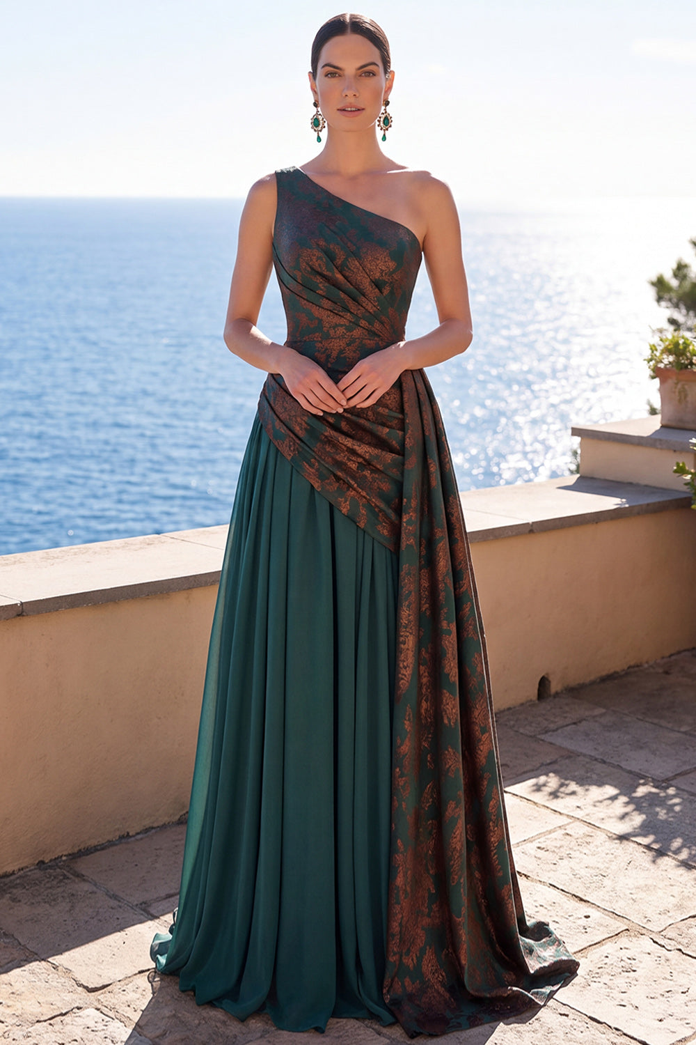 Dark Green A Line One Shoulder Ruched Long Velvet Holiday Dress