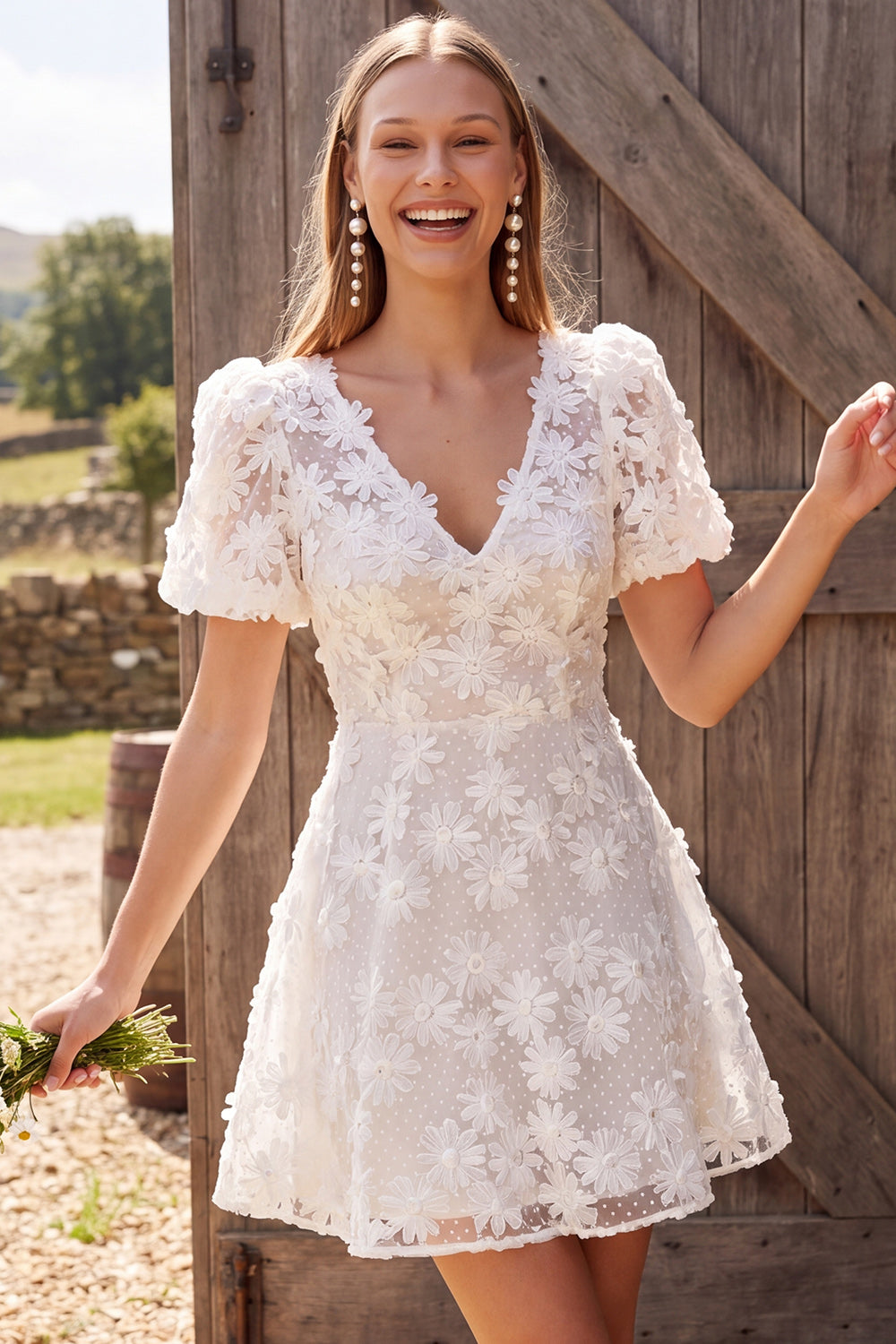Ivory A Line Floral V-Neck Short Wedding Dress with Sleeves