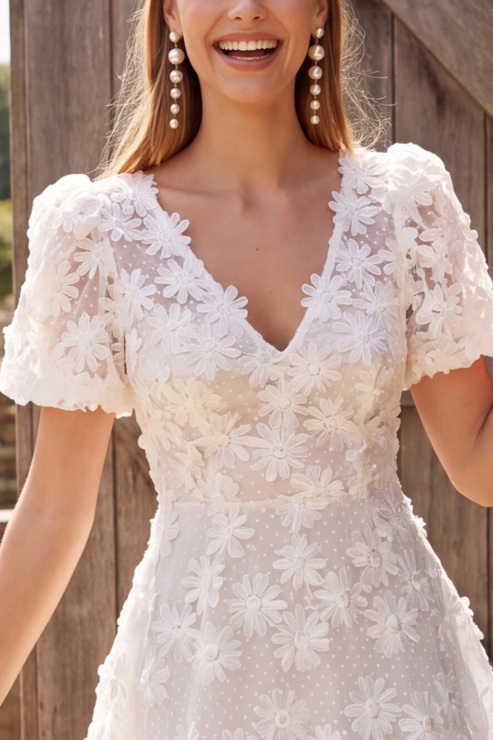 Ivory A Line Floral V-Neck Short Wedding Dress with Sleeves