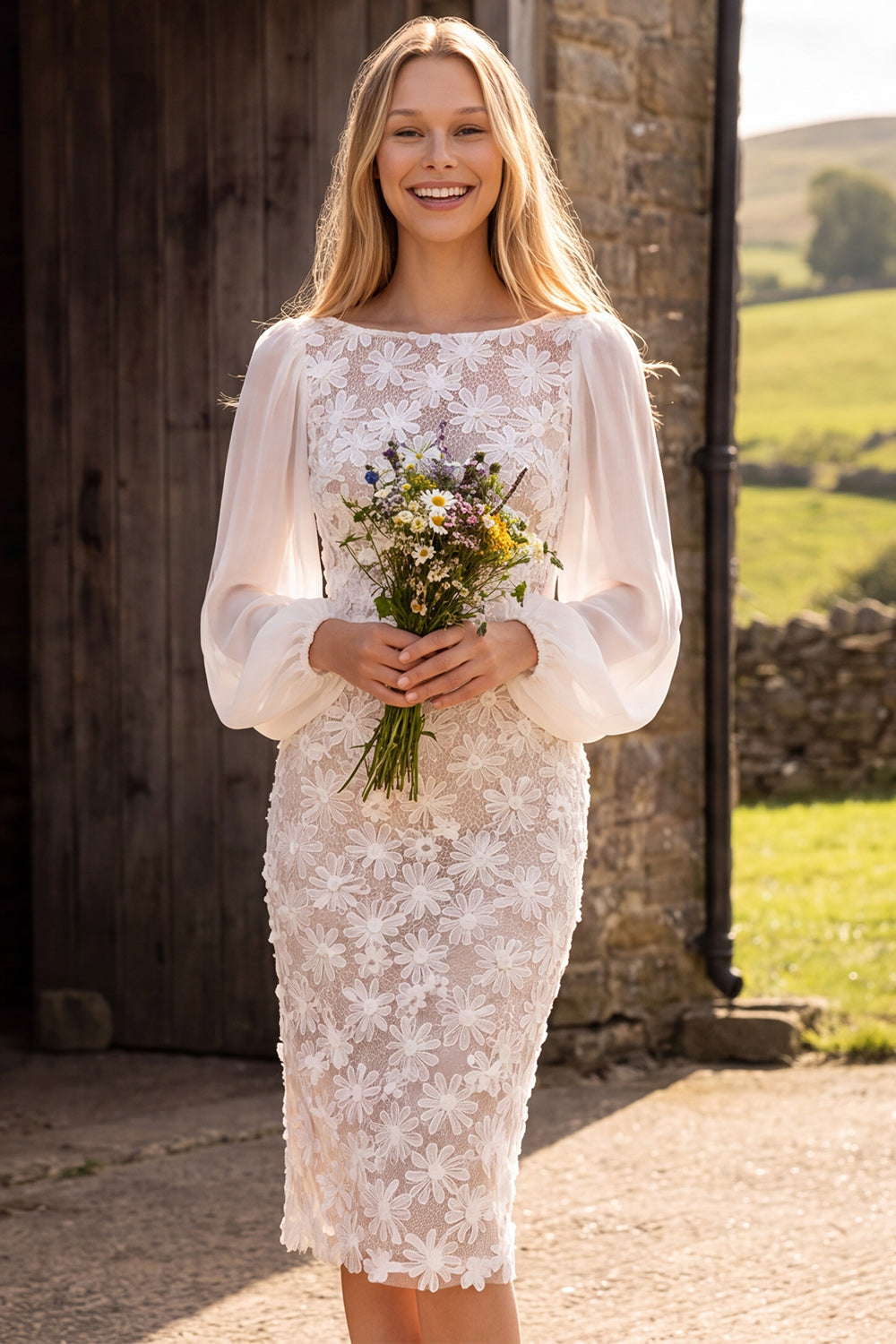 Floral Ivory Lace Bateau Neck Long Sleeves Midi Boho Wedding Dress