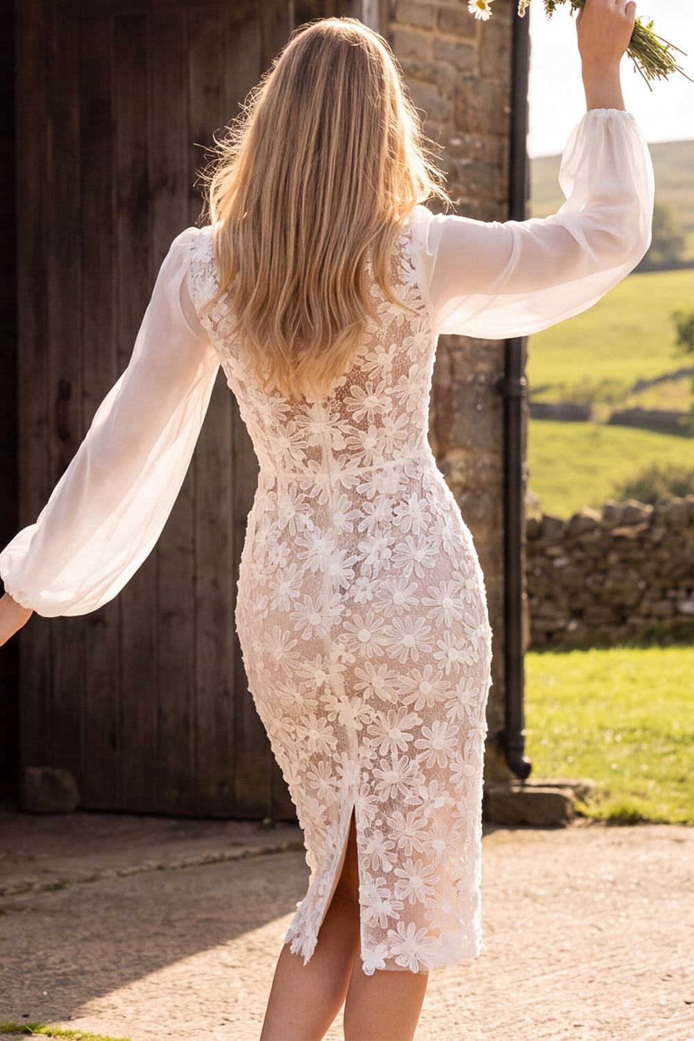 Floral Ivory Lace Bateau Neck Long Sleeves Midi Boho Wedding Dress