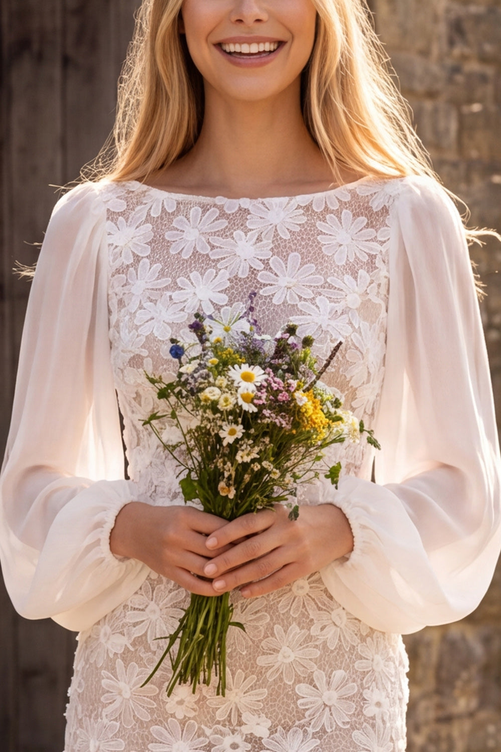 Floral Ivory Lace Bateau Neck Long Sleeves Midi Boho Wedding Dress