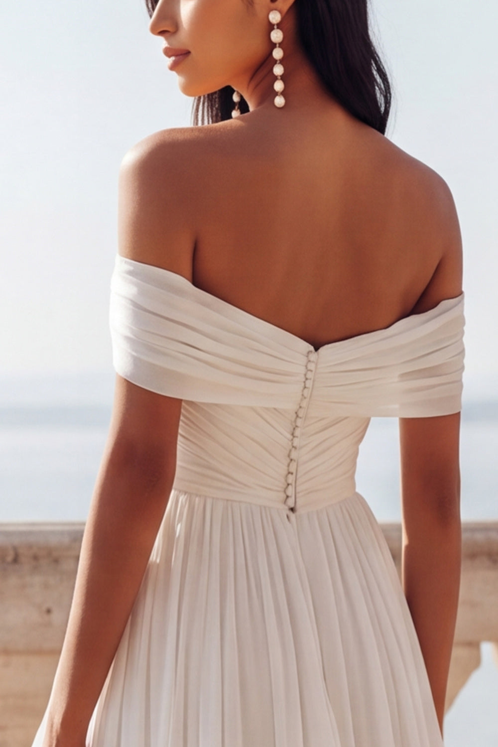 Ivory A Line Chiffon Pleated Sweep Train Beach Wedding Dress with Slit