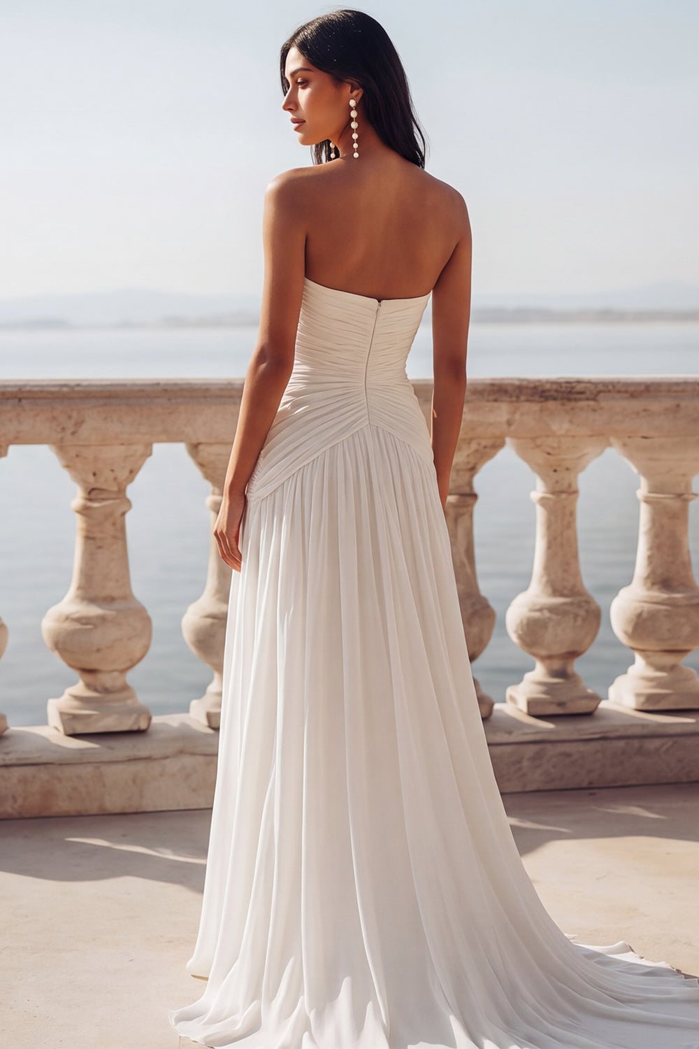 Ivory Chiffon Ruched Strapless Sweep Train Beach Wedding Dress with Slit