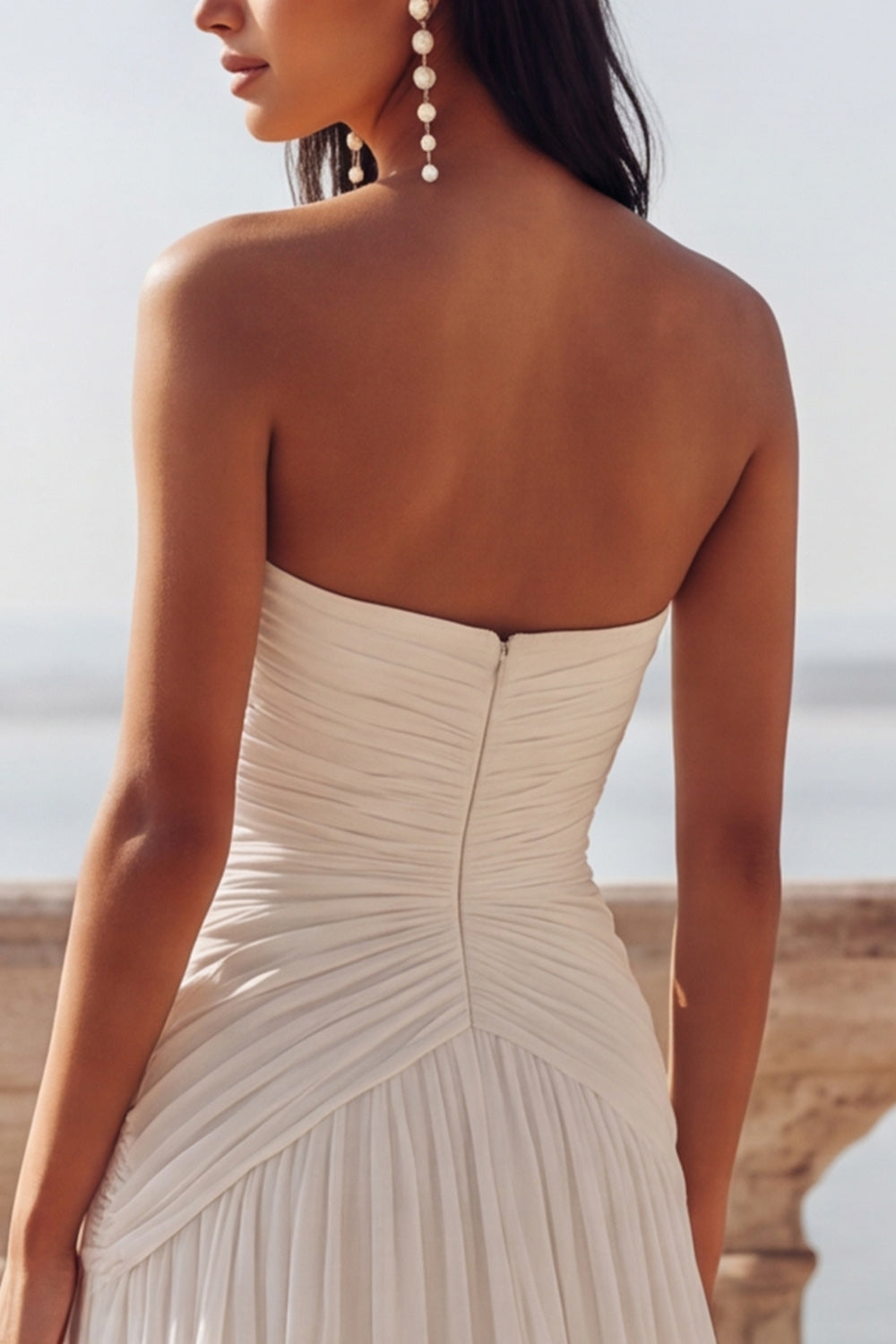 Ivory Chiffon Ruched Strapless Sweep Train Beach Wedding Dress with Slit