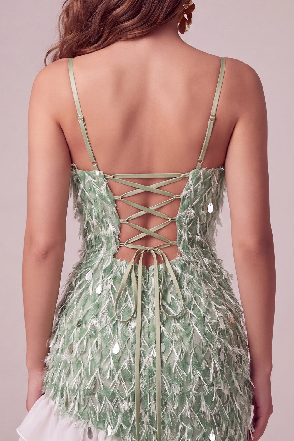 Sparkly Green Tight Sequin Ruffled Short Homecoming Dress with Feather