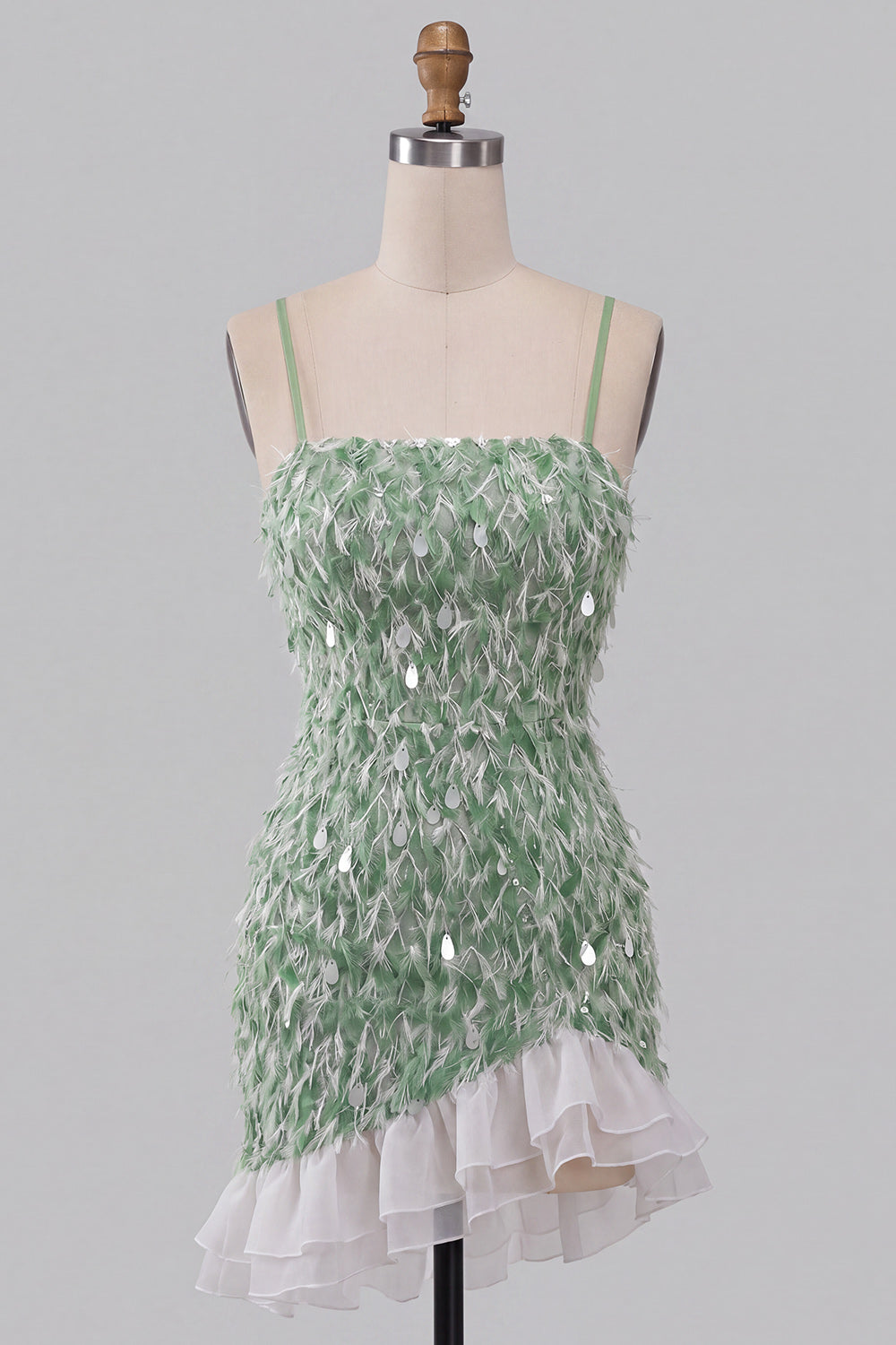 Sparkly Green Tight Sequin Ruffled Short Homecoming Dress with Feather