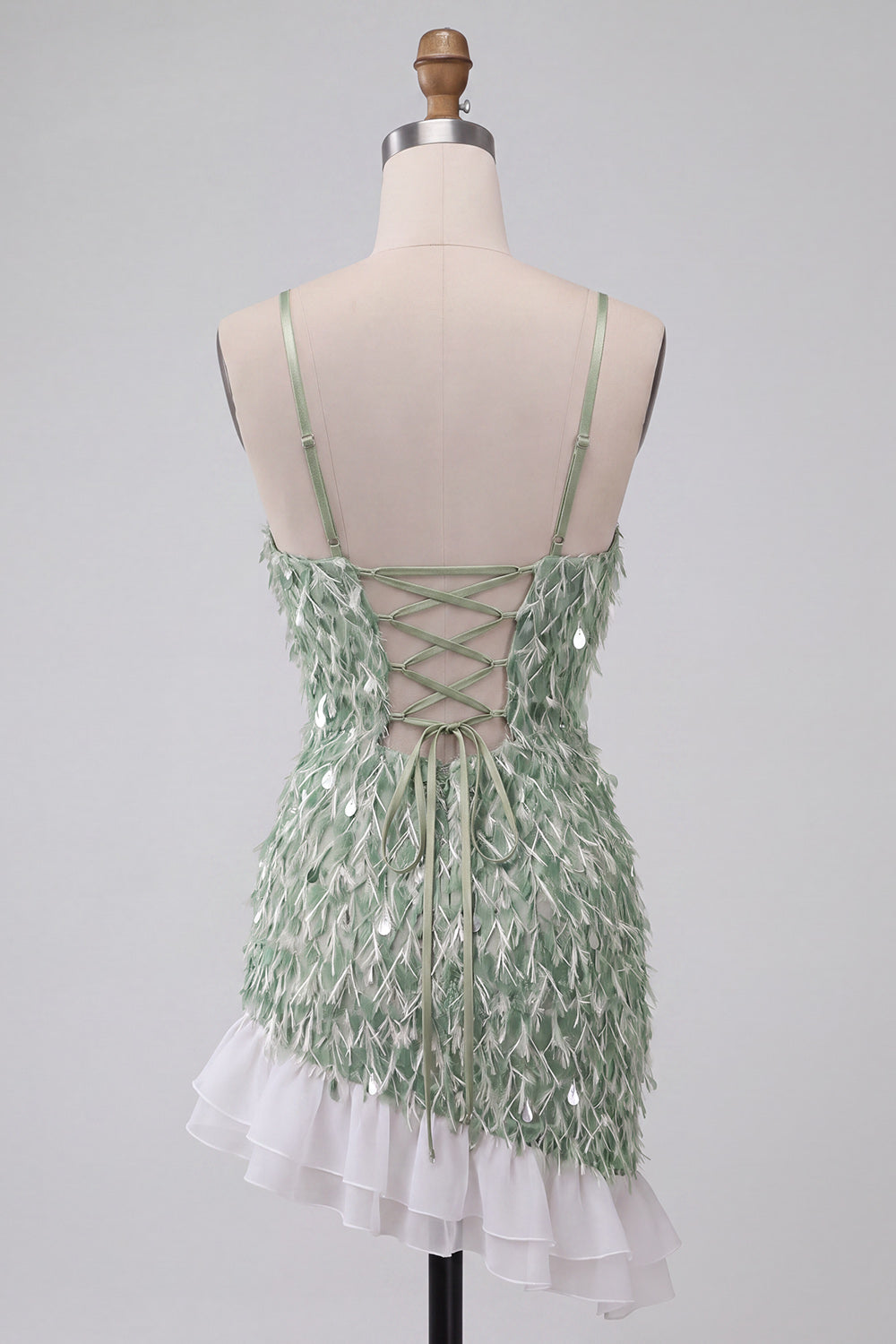 Sparkly Green Tight Sequin Ruffled Short Homecoming Dress with Feather