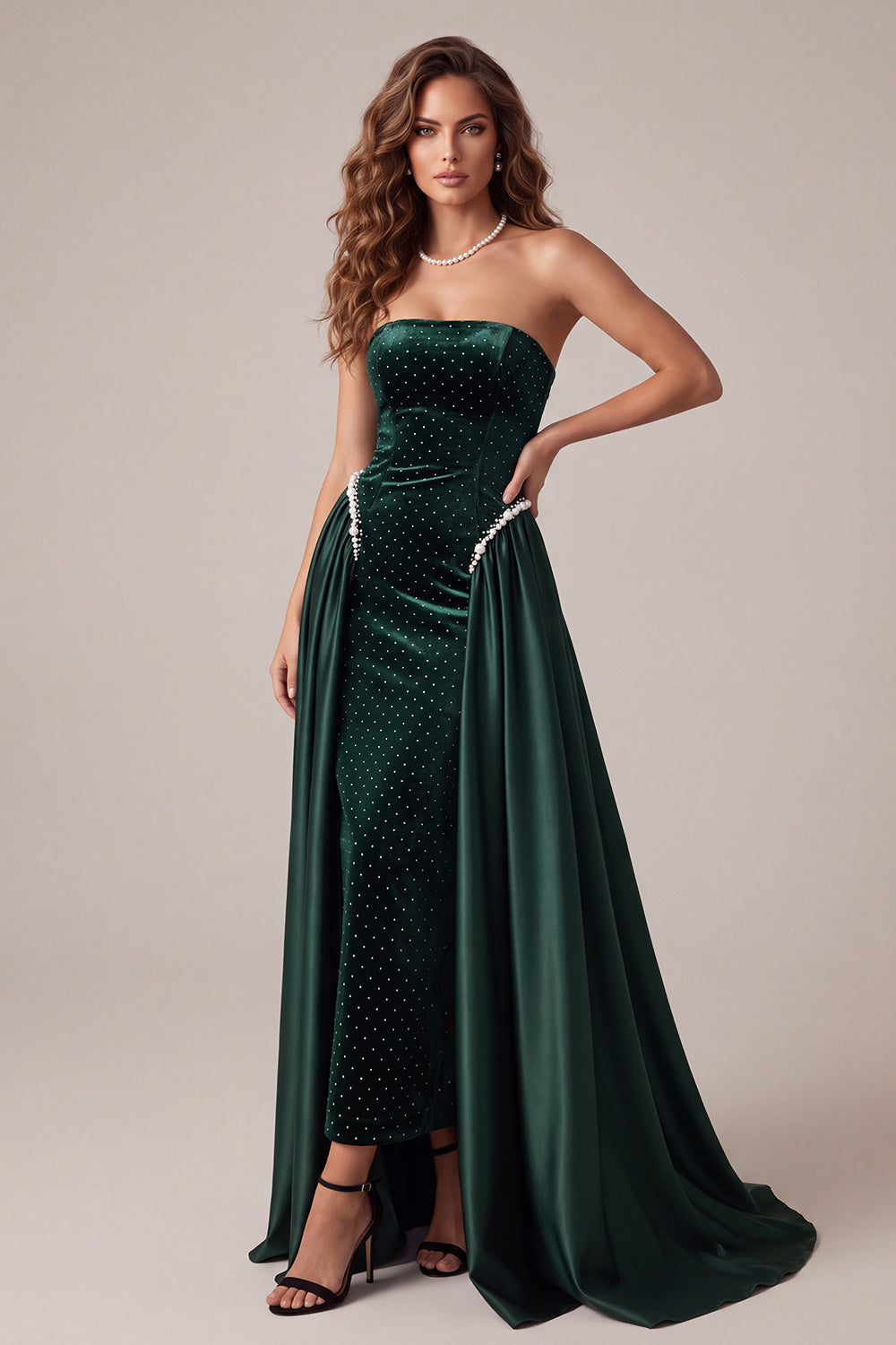 Sparkly Dark Green Strapless Beaded Velvet Long Holiday Dress with Cape