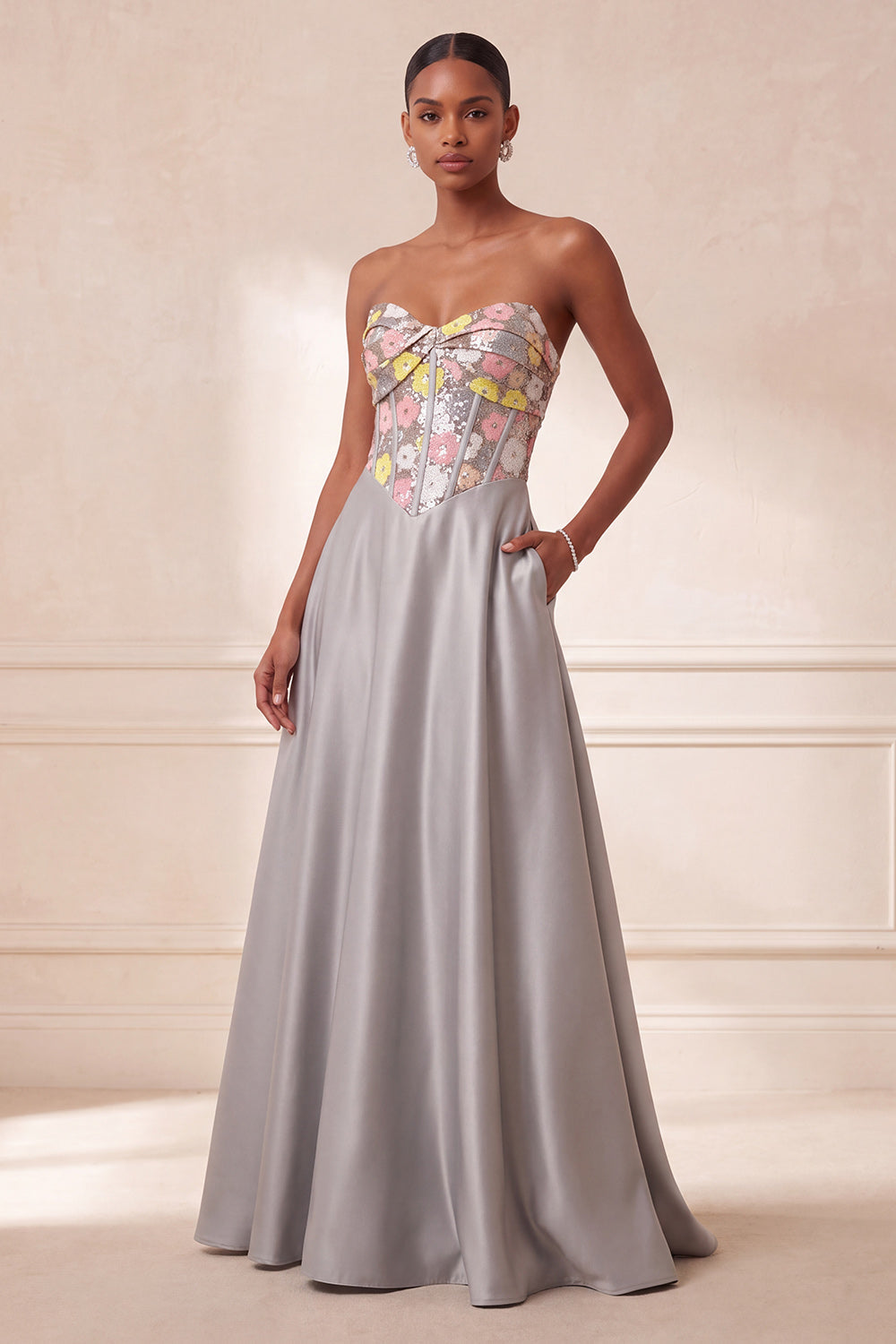 Sparkly Grey Floral Satin Sequin Corset A-Line Long Evening Dress with Pocket