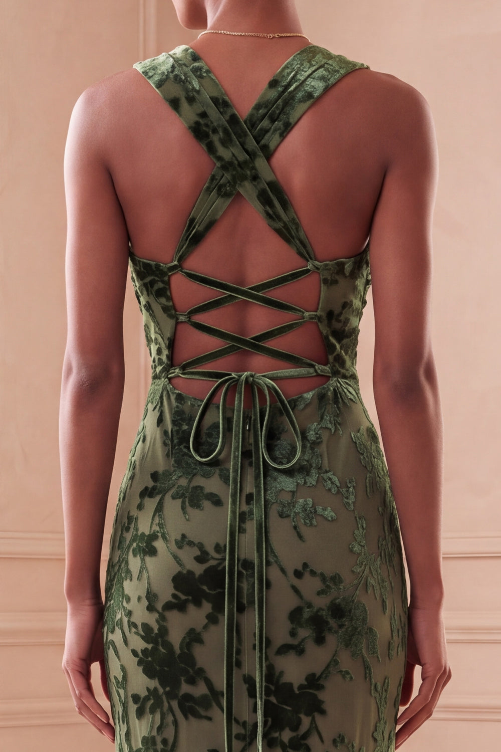 Eucalyptus Sheath Floral Halter Ruched Long Velvet Holiday Dress