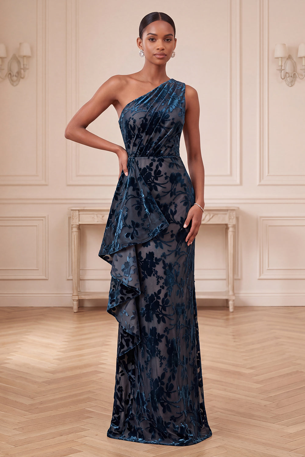 Navy One Shoulder Sheath Floral Long Velvet Holiday Dress with Ruffles