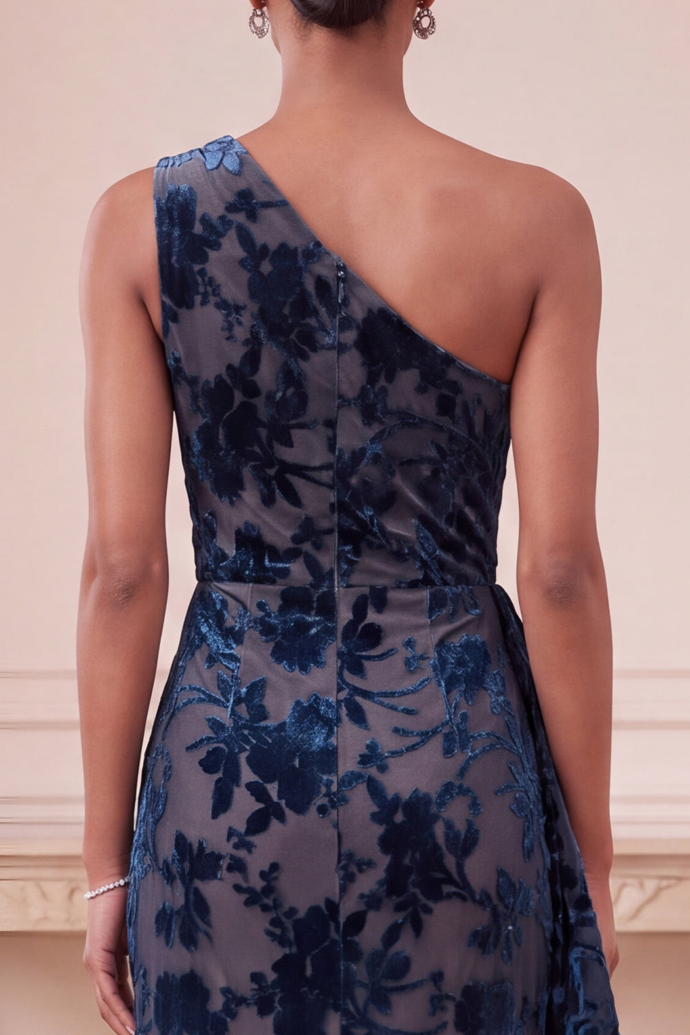 Navy One Shoulder Sheath Floral Long Velvet Holiday Dress with Ruffles