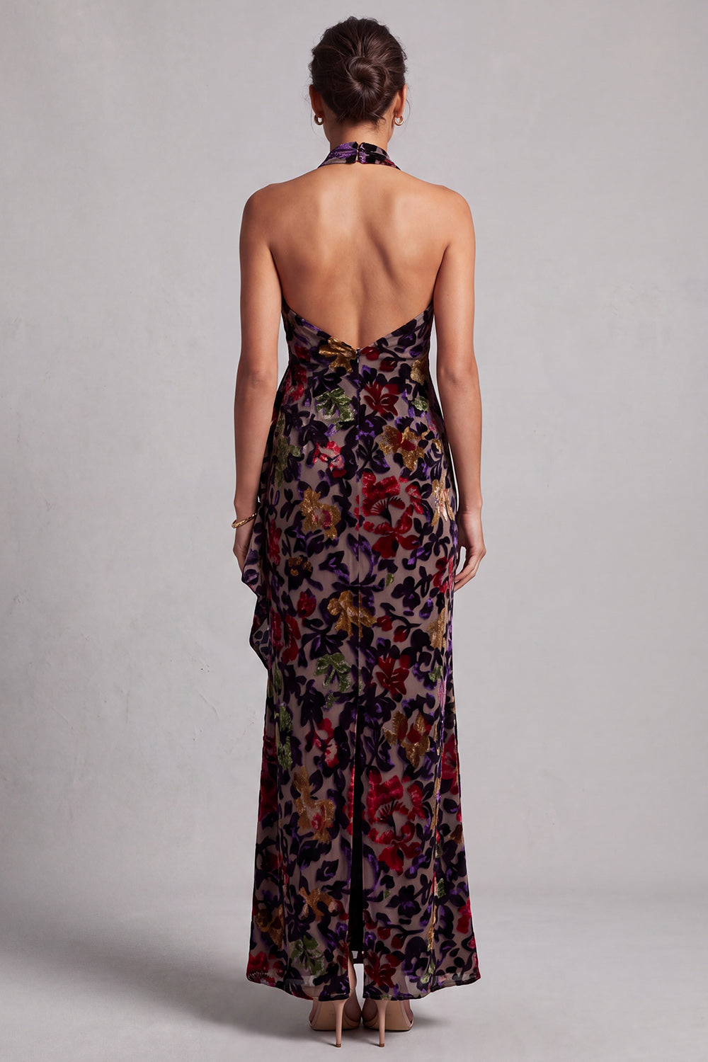 Black Sheath Halter Maxi Floral Mother of the Bride Dress with Ruffles