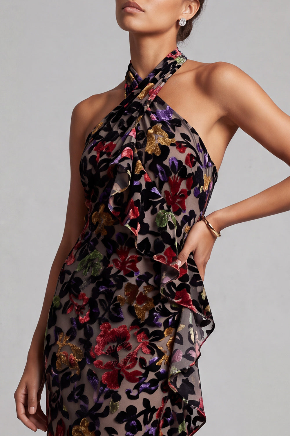 Black Sheath Halter Maxi Floral Mother of the Bride Dress with Ruffles