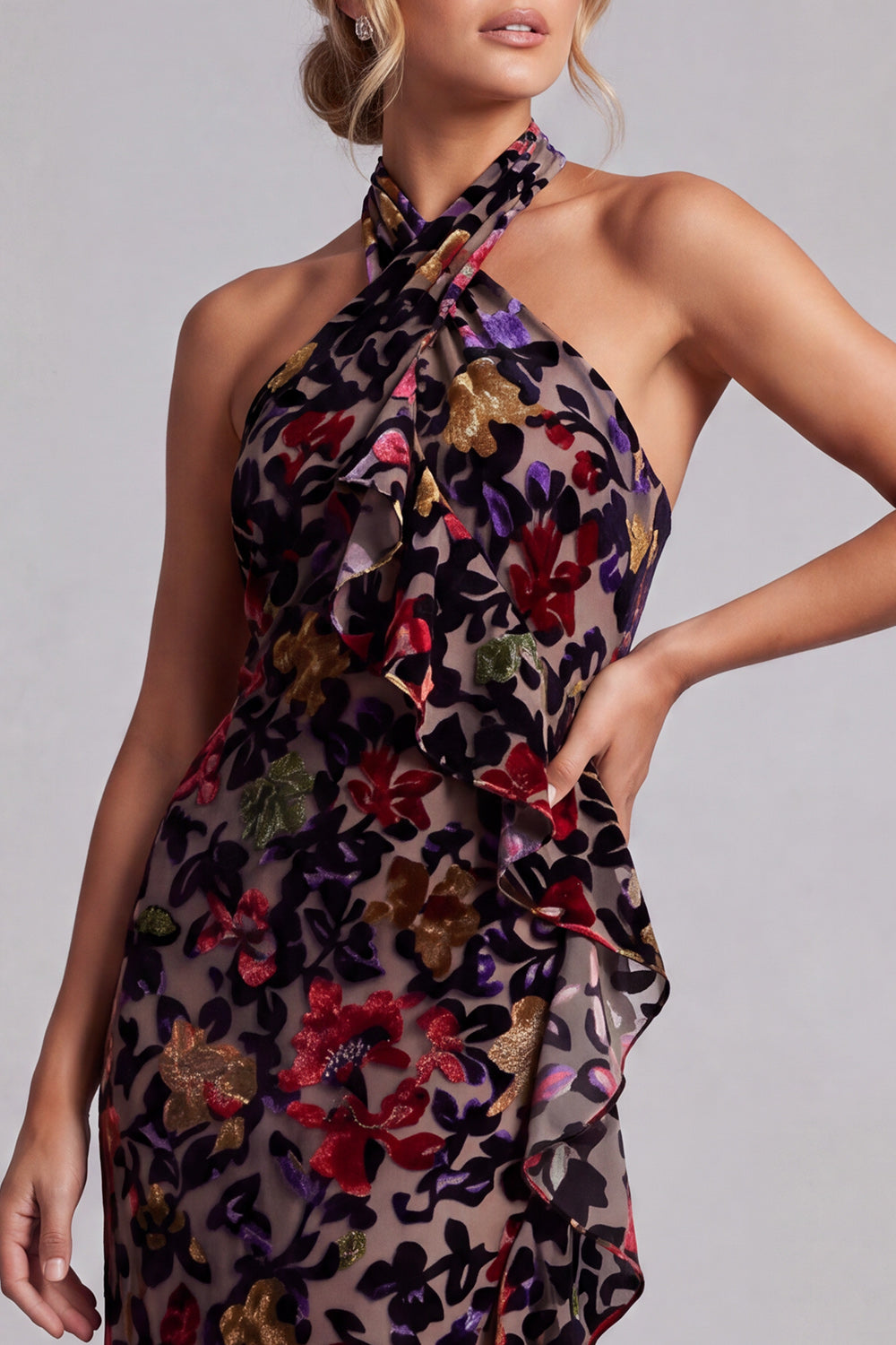 Black Sheath Halter Maxi Floral Mother of the Bride Dress with Ruffles