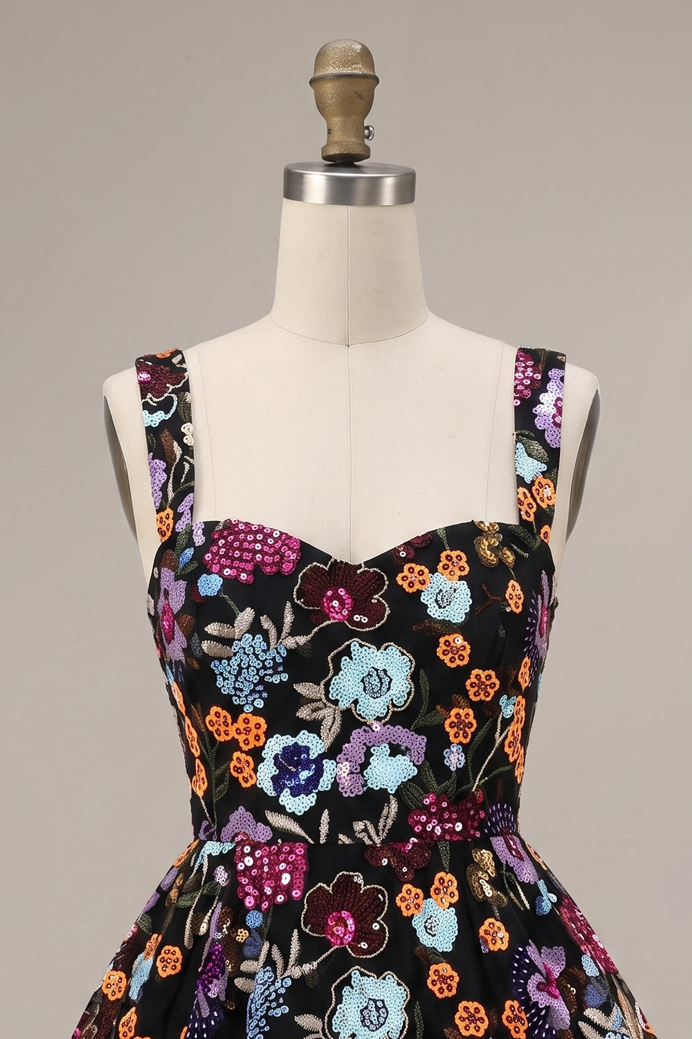 Sparkly Black A-Line Floral Sequin Short Homecoming Dress