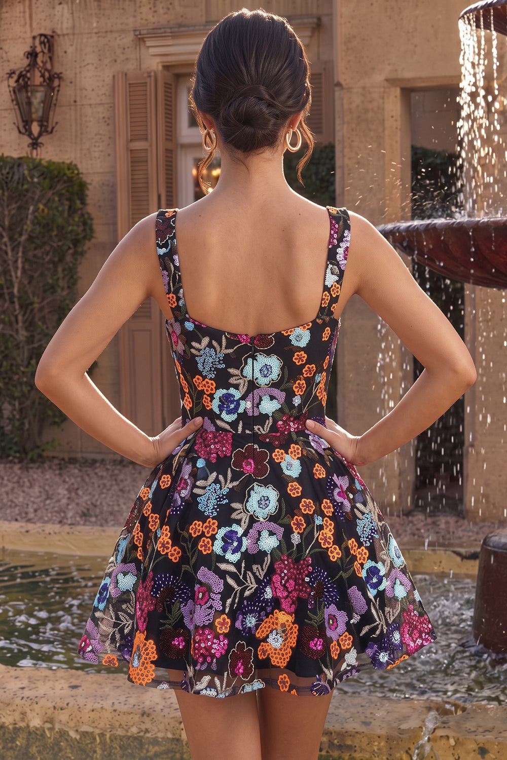 Sparkly Black A-Line Floral Sequin Short Homecoming Dress